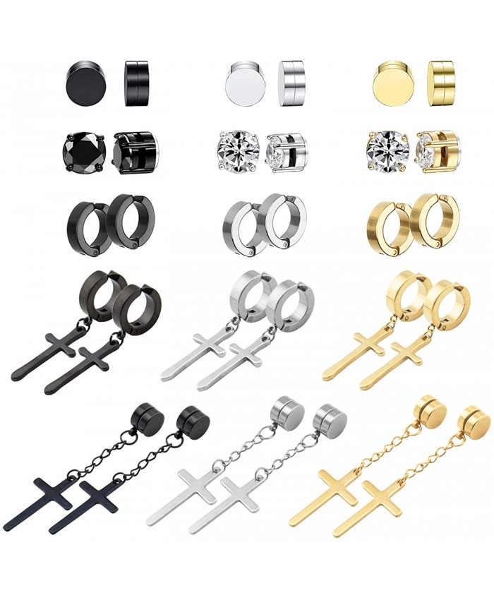 NEWITIN 15 Pairs Magnetic Stud Earrings Stainless Steel Magnet Earrings Clip on Earrings Non Piercing Cross Earrings CZ Hoop Dangle Cross Magnetic Earrings for Men and Women