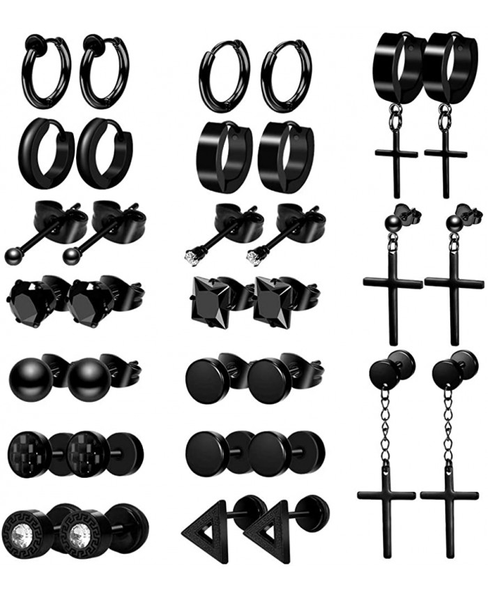 ONESING 17 Pairs Earrings for Men Black Stud Earrings Men Earrings Black Hoop Earrings Stainless Steel Cross Earrings Set Jewelry Piercings for Men Women