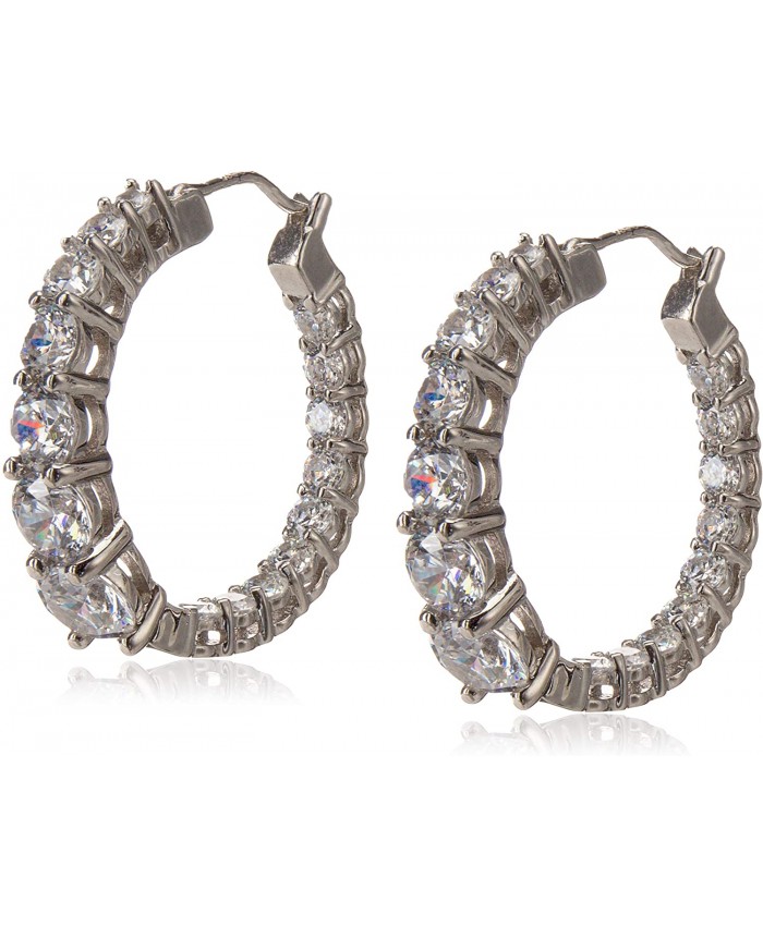 Platinum Plated Sterling Silver Hoop Earrings set with Graduated Swarovski Zirconia 3.76 cttw 1 Diameter