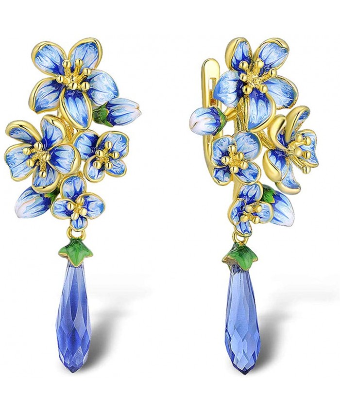 Santuzza Blue Flower Gold Plating Drop Earrings Genuine 925 Sterling Silver Gorgeous Dangle Glass Handmade Enamel Earring Jewelry For Women