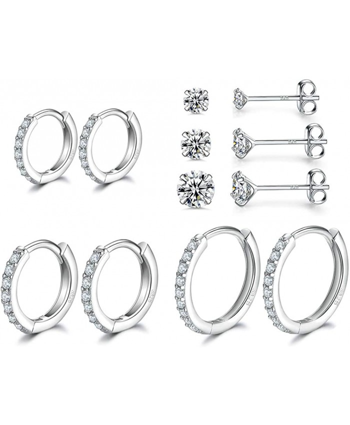Sterling Silver Small Hoop Earrings | Sterling Silver Stud Earrings for Women - 6 Pairs Hypoallergenic Tiny Cubic Zirconia Stud Earrings Set & Cartilage Earring Hoops for Girl