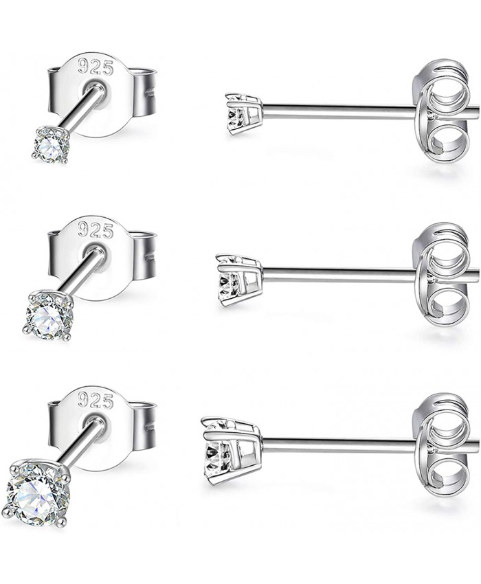 Sterling Silver Stud Earrings for Women Girls- 3 Pairs Tiny Ball Stud Earrings Round CZ Cubic Zirconia Earrings Pearl Earrings Set Cartilage Small Tragus Earrings2mm 3mm 4mm