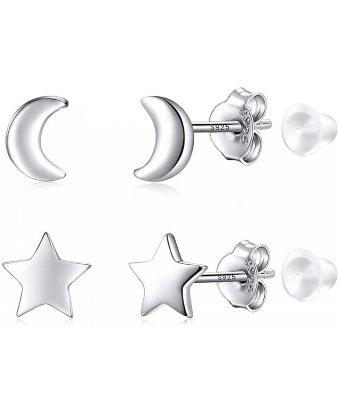 Stud Earrings for Women Hypoallergenic Sterling Silver Stud for Men and Girl's Double Piercing Earrings Moon Star Shape 2 Packs