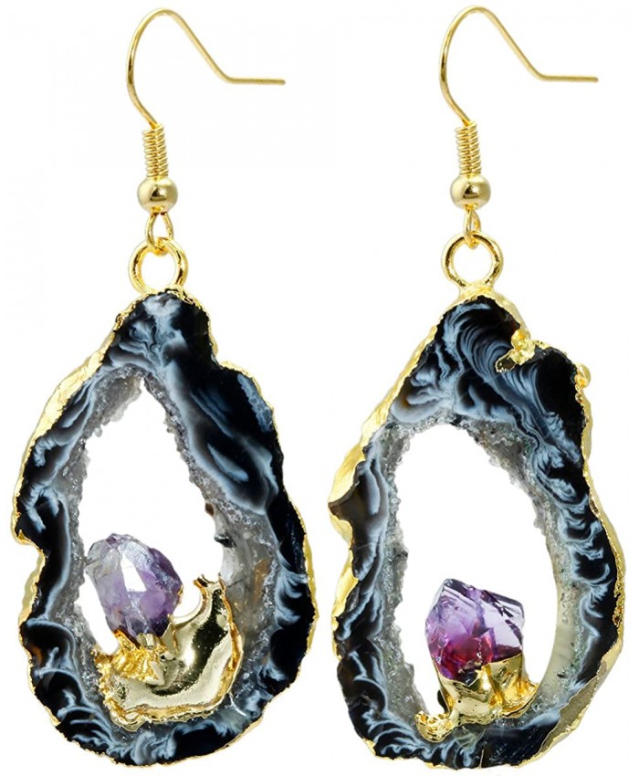 SUNYIK Natural Agate Geode Slice Quartz Druzy Dangle Earrings with Amethyst Crystal Gold Plated Drop Earring