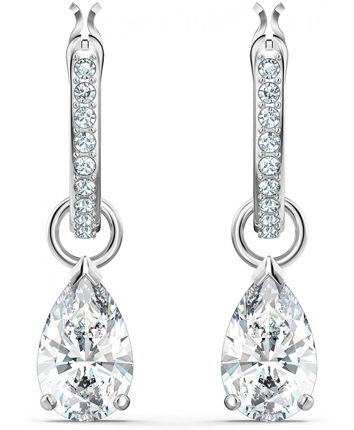 Swarovski Attract Mini Hoop Pierced Earrings with Pear Shaped Clear Cut Crystal and Matching Pavé on a Rhodium Plated Setting with a Hinge Closure