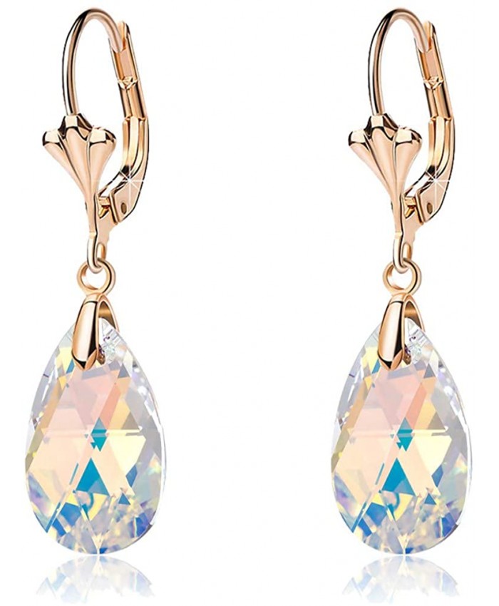 Swarovski Crystal Teardrop Leverback Dangle Earrings for Women Fashion 14K Gold Plated Hypoallergenic Jewelry Aurora Borealis