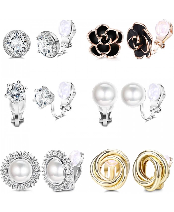 YADOCA 6 Pairs Clip Earrings for Women Rose Flower CZ Simulated Freshwater Pearl Twist Knot Non Pierced Clip On Earrings Hypoallergenic Jewelry
