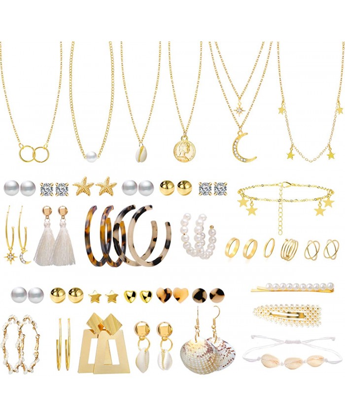 38 Pcs Jewelry Sets for Women with 22 Pairs Fashion Earrings 7 Pcs Chain Necklaces 6 Pcs Metal Knuckles and 2 Pcs Pearl Hair Clips for Girls Gifts