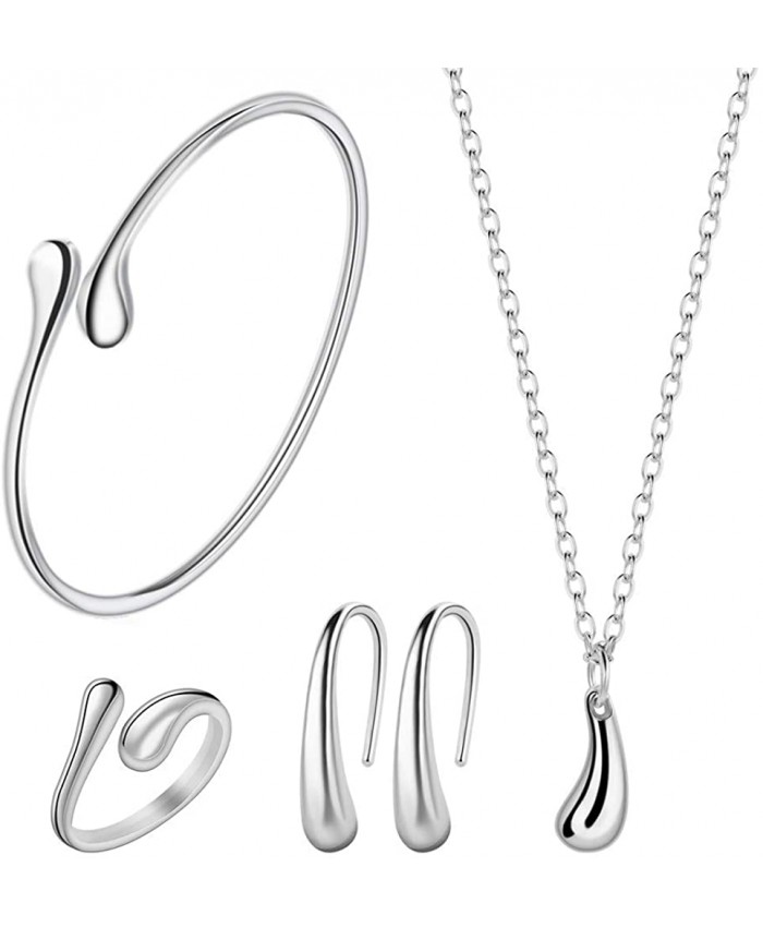 4PCS Sterling Silver Jewelry Set for Women Teardrop Pendant Necklace Earring Bracelet and Ring Jewelry Gifts
