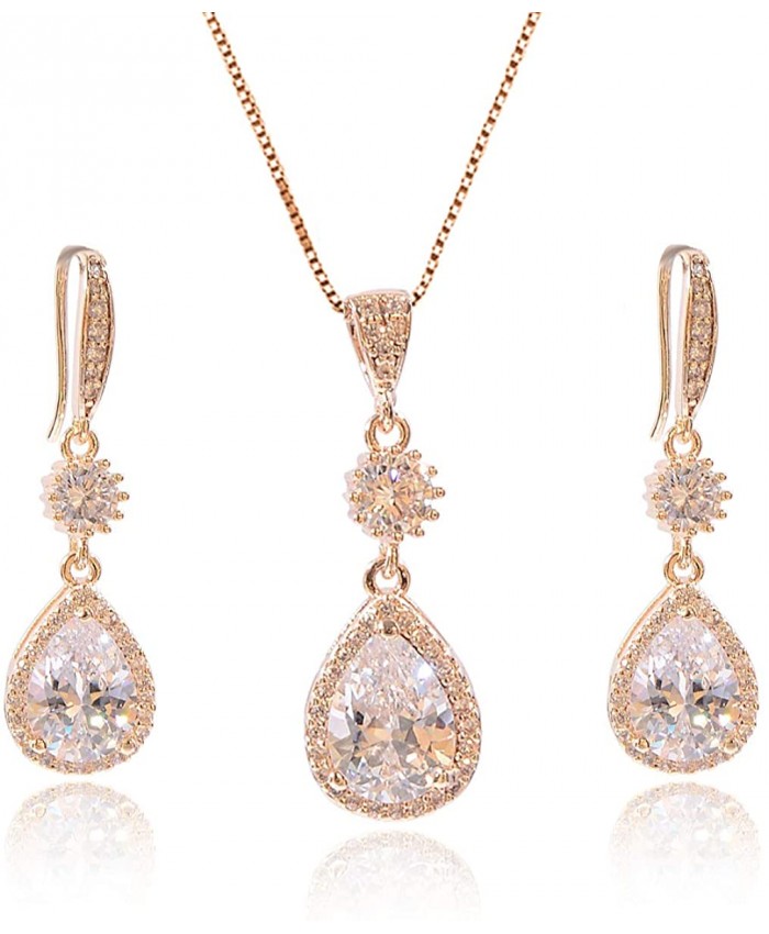 AMYJANE Bridal Jewelry Set for Wedding - 18k Gold Plated Sterling Silver Teardrop Cubic Zirconia Crystal Drop Earrings and Necklace Set for Bride Bridesmaids Mother of Bride Prom Party