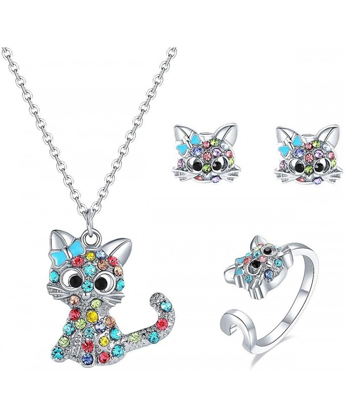Bievochy Cat Necklace for Girls Women Kitty Cat Pendant Necklace Earrings Ring Jewelry Set Blue