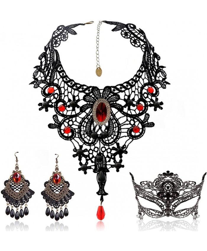 Black Lace Necklace and Earrings Set BagTu Gothic Lolita Red Pendant Choker for a Halloween Costume and Wedding