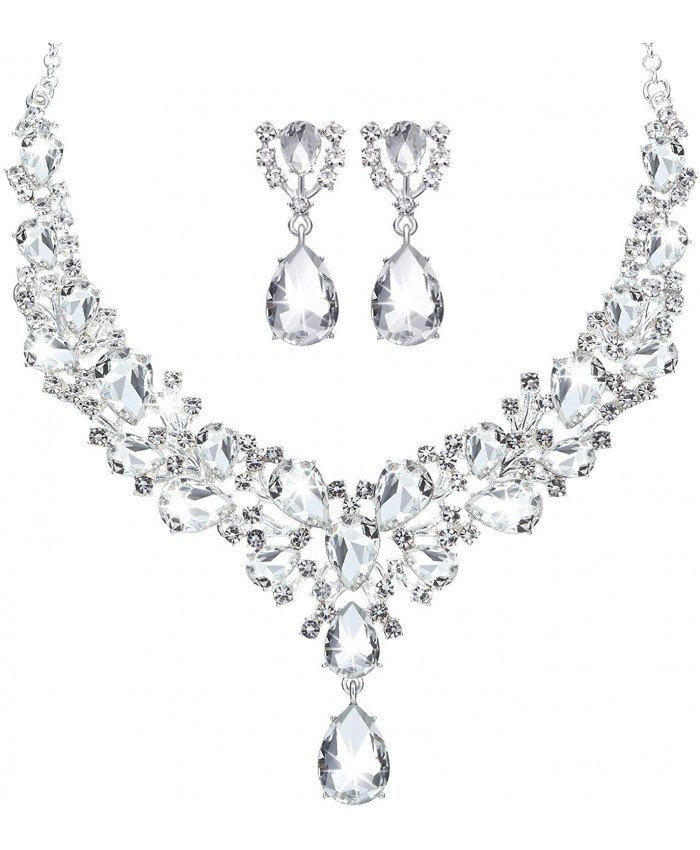 Bridal Teardrop Cluster Crystal Jewelry Set for Women Necklace Earrings Wedding Silver
