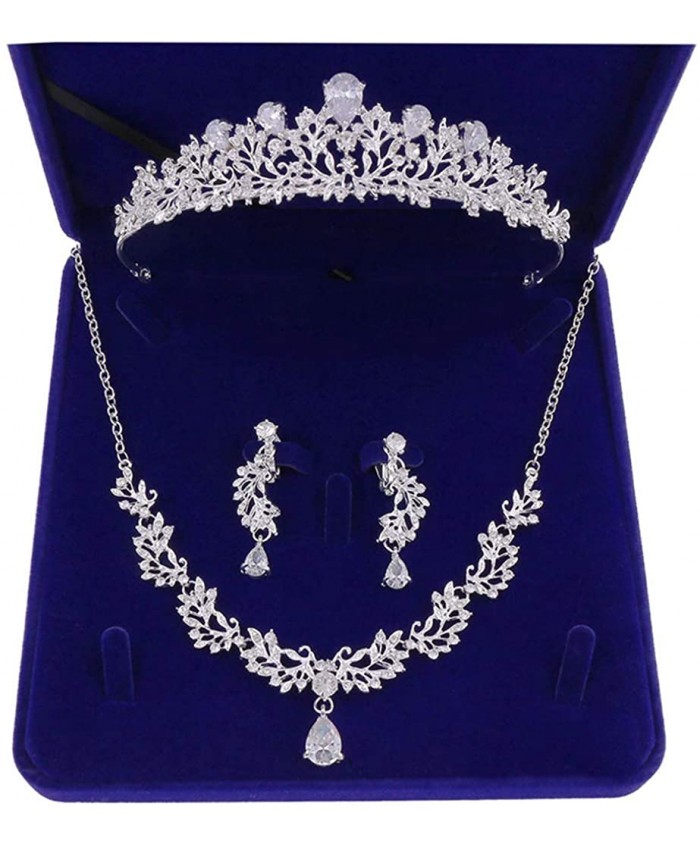 Bride Headdress Jewelry Wedding Necklace Earrings Set Crystal Crown Tiara E