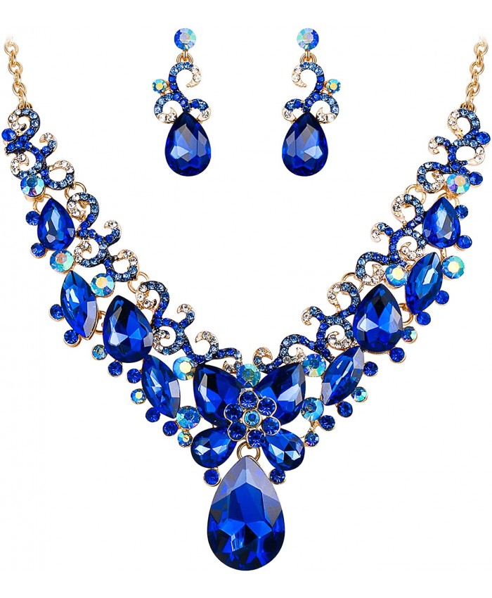 BriLove Costume Fashion Necklace Earrings Jewelry Set for Women Crystal Teardrop Marquise Butterfly Filigree Enamel Statement Necklace Dangle Earrings Set Royal Blue Sapphire Color Gold-Toned