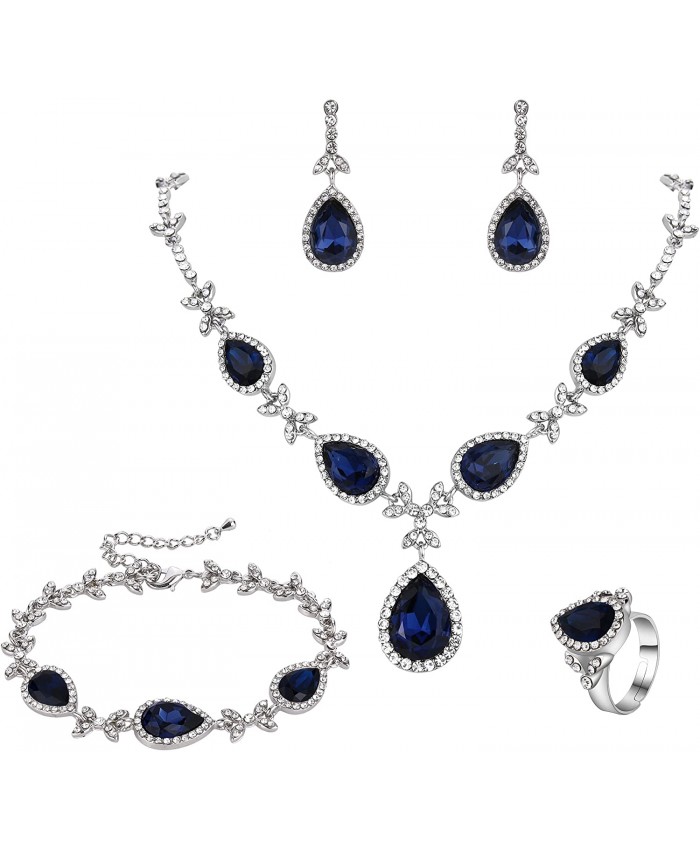 BriLove Wedding Bridal Jewelry Set for Women Crystal Floral Leaf Teardrop Y-Necklace Tennis Bracelet Dangle Earrings Resizable Ring Set Navy Blue Sapphire Color Silver-Tone