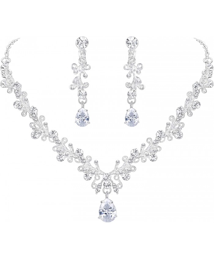 BriLove Wedding Bridal Necklace Earrings Jewelry Set CZ Crystal Leaf Vine Floral Scroll Teardrop V-Necklace Clip-On Earrings Set Clear Silver-Tone
