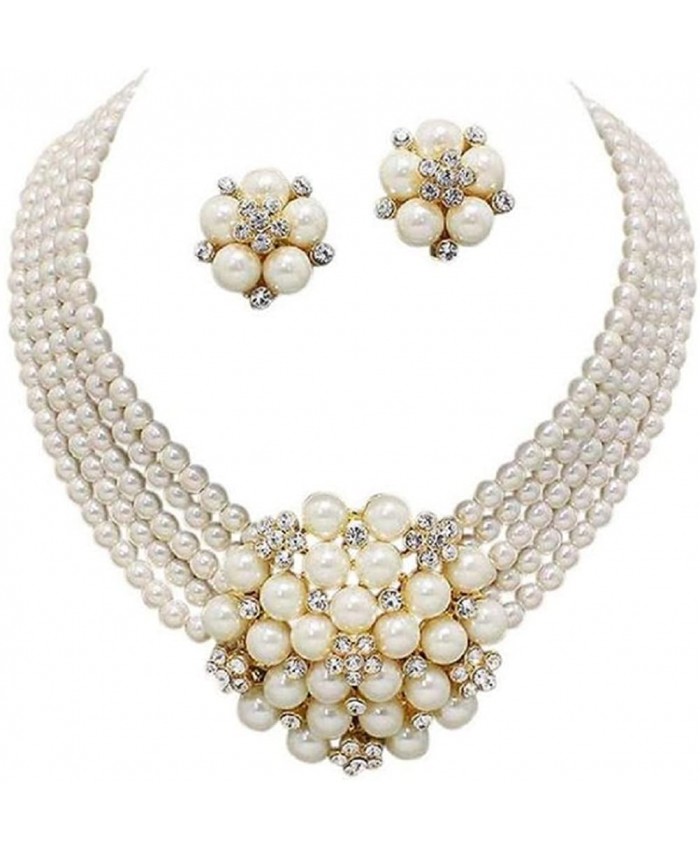 Chunky Women Elegant Statement Cream Simulated-Pearl Cluster Crystal Bridal Gold Chain Necklace Set CLIP ON Earring