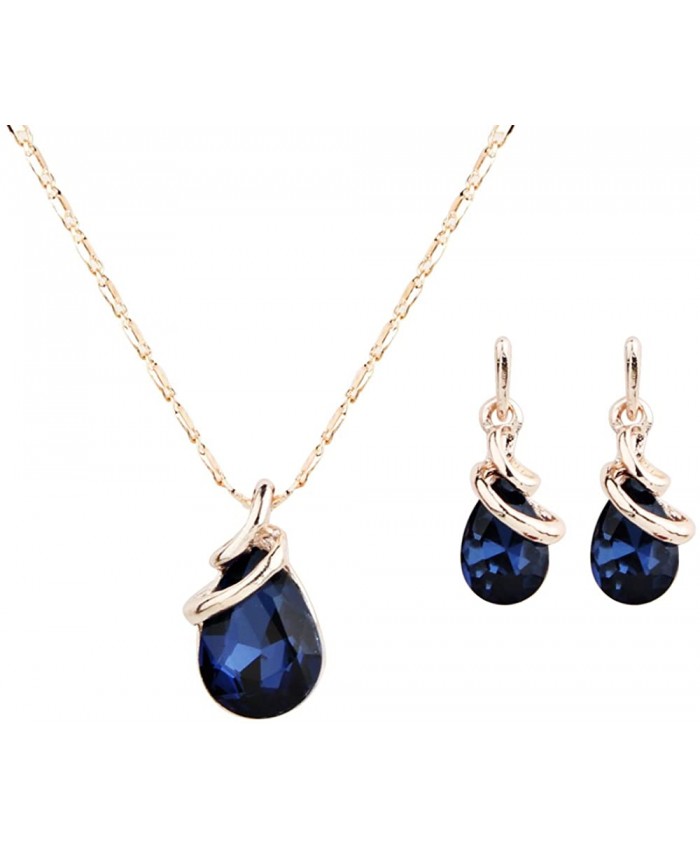 COLORFUL BLING Rose Gold Teardrop Infinity Pendant Necklace Dangle Earring Bridal Pearl Jewelry Sets - Dark Blue