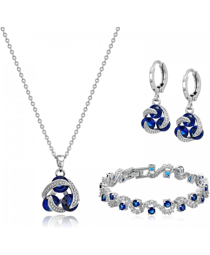 Crystalline Azuria Blue Simulated Sapphire Zirconia Crystals Jewelry Set Pendant Necklace 18 Earrings Bracelet 18K White Gold Plated