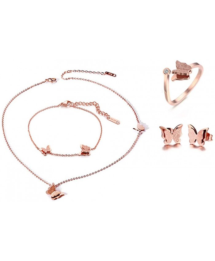 Cupimatch Butterfly Bracelet Ring Earrings Necklace Set 18k Rose Gold Plated love Jewelry Gift Set for Women Girls