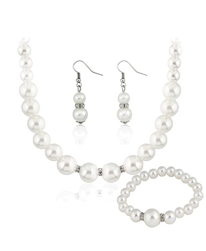 Danbihuabi Silver Plated Faux Pearl Necklace Earring wedding jewelry sets for brides White1