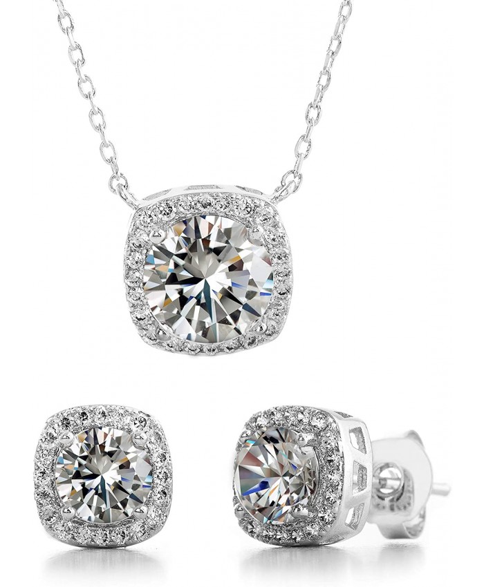 Devin Rose Stud Halo Cushion Shaped Earrings for Women and 18 Inch Necklace for Women Jewelry Set made With Swarovski Crystals in Rhodium Plated Brass  White 