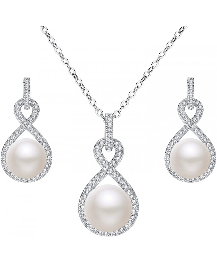EleQueen 925 Sterling Silver CZ AAA Button Cream Freshwater Cultured Pearl Bridal Jewelry Necklace Earrings Set Ivory