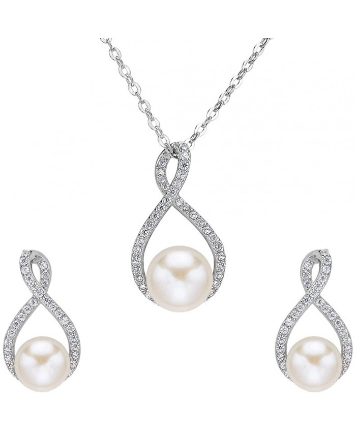 EVER FAITH 925 Sterling Silver CZ AAA Freshwater Cultured Pearl 8 Infinity Necklace Earrings Set