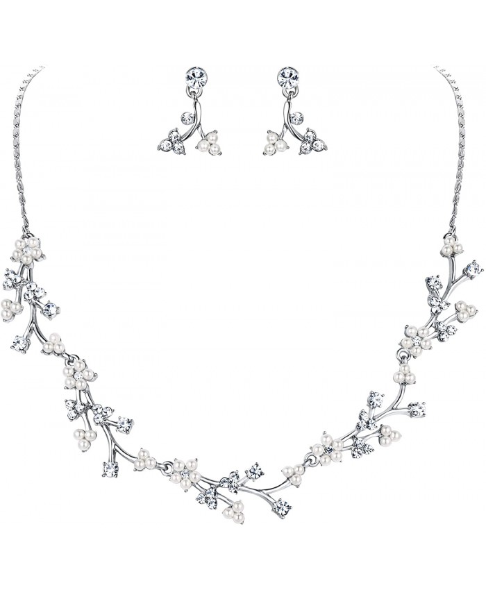 EVER FAITH Austrian Crystal White Simulated Pearl Bridal Floral Leaf Vine Jewelry Set Clear
