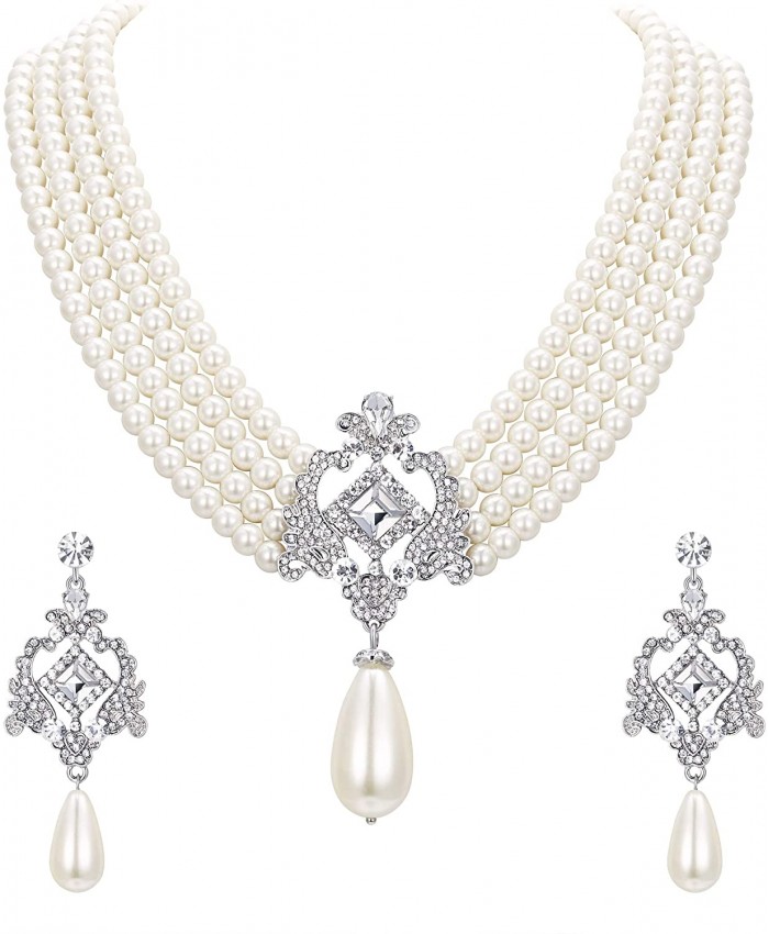 EVER FAITH Crystal 4 Layers Simulated Pearl Elegant Vintage Inspired Chandelier Necklace Earrings Set