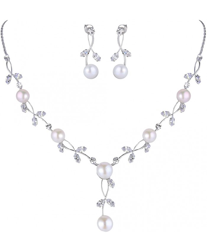 EVER FAITH CZ Crystal Cream Simulated Pearl Floral Vine Filigree Necklace Earrings Set Clear Silver-Tone