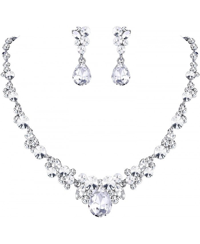 EVER FAITH Rhinestone Crystal Bridal Floral Teardrop Necklace Earrings Set Clear Silver-Tone