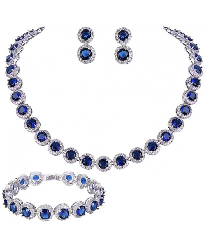 EVER FAITH Silver-Tone Round Cut Cubic Zirconia Tennis Necklace Bracelet Earrings Set Sapphire Color