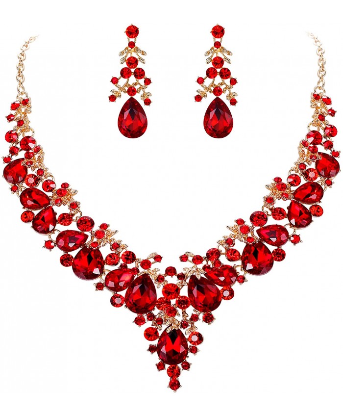 EVER FAITH Women's Crystal Bridal Banquet Floral Cluster Teardrop Necklace Earrings Set Red Gold-Tone