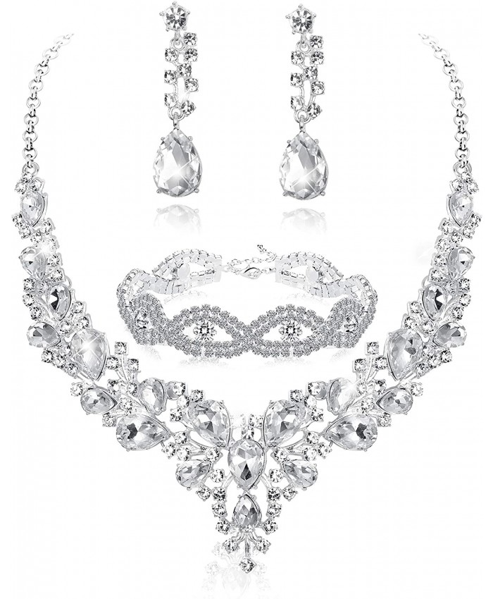 Fiasaso 3pcs Crystal Bridal Jewelry Set for Women Rhinestone Necklace Earrings Bracelet Wedding Bridesmaid Silver Tone
