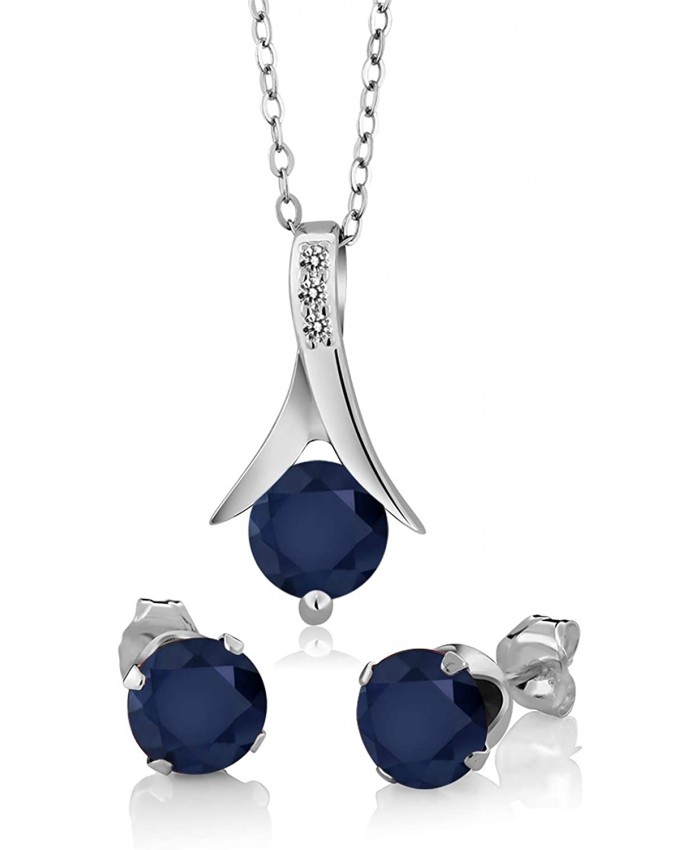Gem Stone King 925 Sterling Silver Blue Sapphire & White Diamond Pendant Earrings Set 3.05 Ct Round with 18 Inch Silver Chain