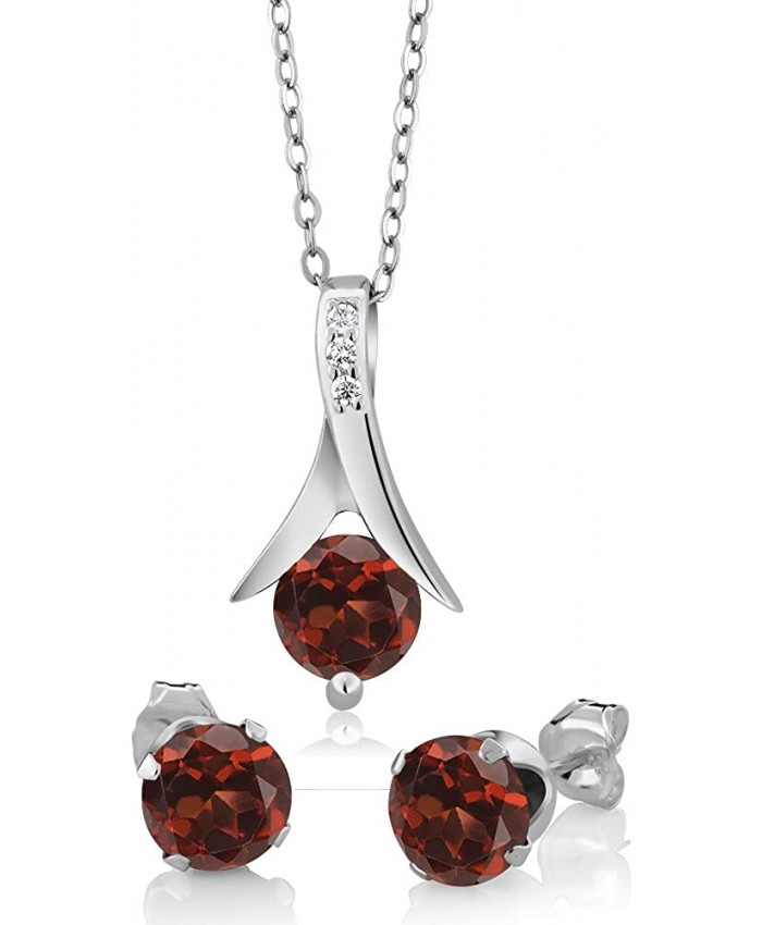 Gem Stone King 925 Sterling Silver Red Garnet Earring and Pendant Set For Women 2.25 Cttw 6MM Each Garnet With 18inches Silver Chain