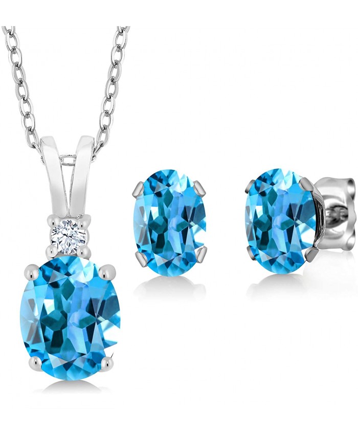 Gem Stone King Sterling Silver Swiss Blue Topaz Pendant Earrings Set 3.15 cttw With 18 Inch Silver Chain