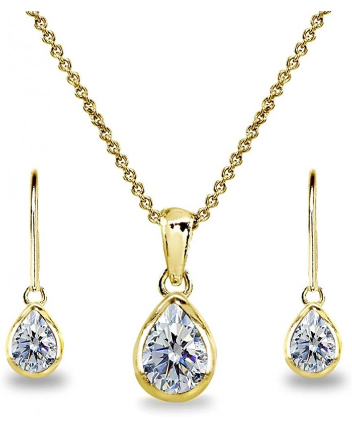 Gold Flash Sterling Silver Teardrop Bezel Necklace & Dangle Earrings Set for Women Made w Swarovski Zirconia