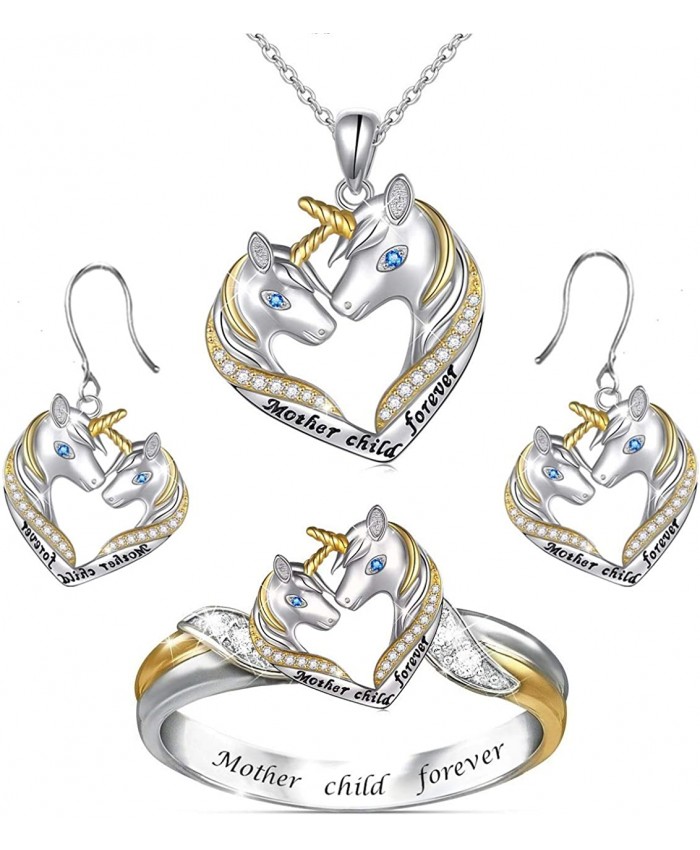 HEIMAXING Unicorn Ring Necklace Earrings Jewelry Set Heart Mom Mother Daughter Necklace Gift