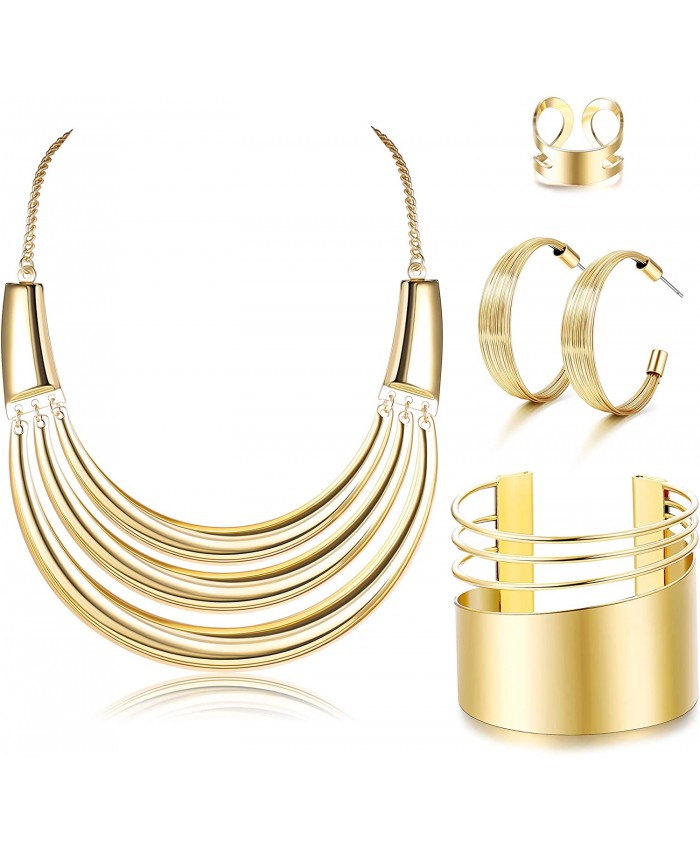 JOERICA Gold Tone Bib Choker Necklace for Women Wide Cuff Bangle Bracelet Open Hoop Earrings Adjustable Ring Chunky Statement Costume Jewelry Set