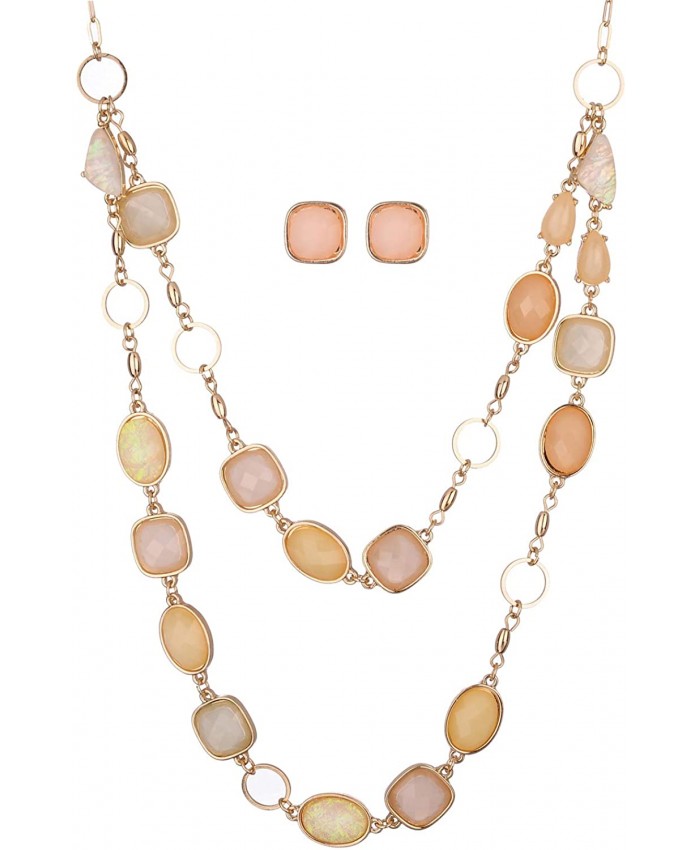 Jones New York Gold Baby Pink Peach Oblong Gemstones Necklace and Earrings Set