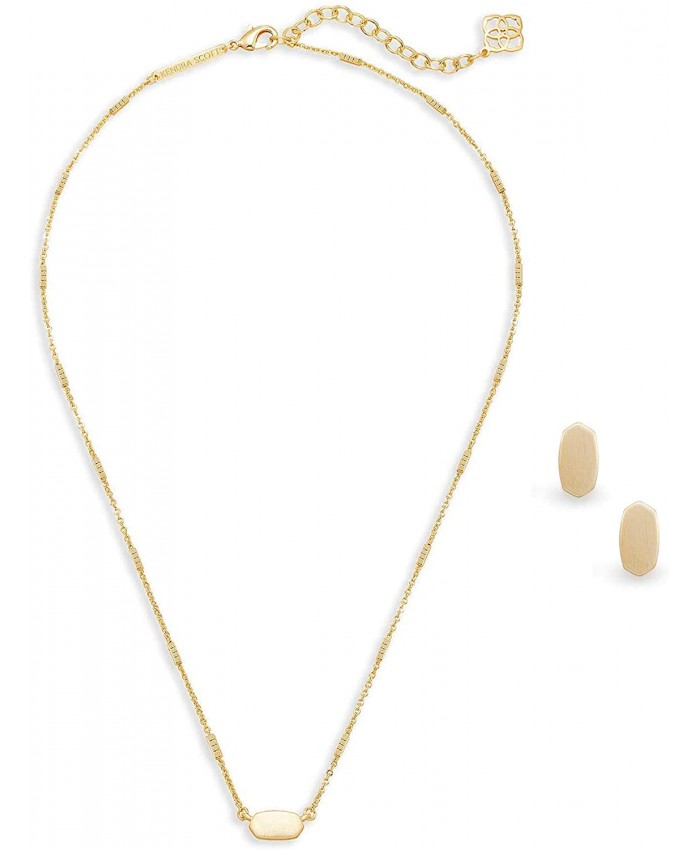 Kendra Scott Fern Pendant Necklace & Barrett Stud Earrings Gift Set for Women Dainty Fashion Jewelry 14k Gold-Plated