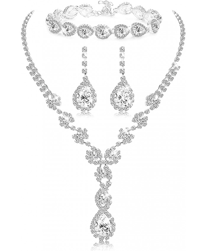LOYALLOOK Women's Rhinestone Teardrop Necklace Bracelets and Dangle Earrings Jewerry Sets for Proms Weddings