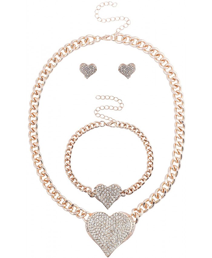 Lux Accessories Bling Heart Chain Earring Bracelet Necklace Jewelry Gift Set 3PC Rose Gold