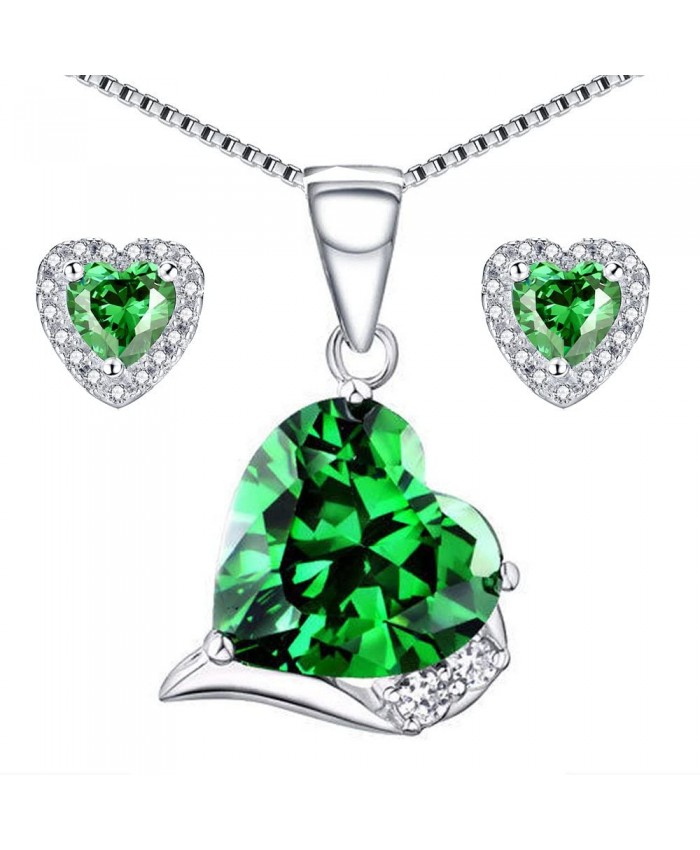 MABELLA Sterling Silver Heart Jewelry Sets 7 CTW Simulated Emerald Pendant Earrings Set Gifts for Women