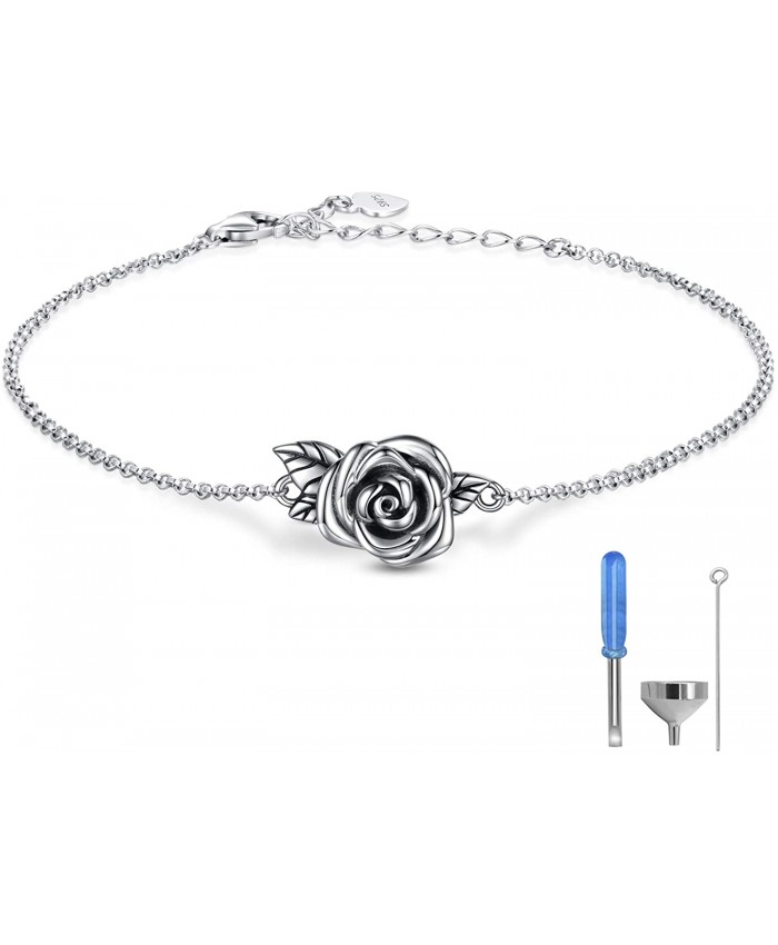 MANBU Rose Cremation Urn Jewelry for Ashes - 925 Sterling Silver Memorial Keepsake Ring Bracelet Necklace Gift for Women Bereavement Gift for A Loss of The Loved One Bracelet