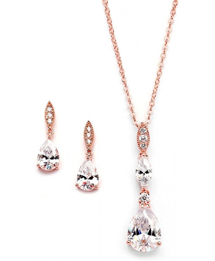 Mariell 14K Rose Gold Plated Teardrop CZ Wedding Necklace and Earrings Set for Bridal or Bridesmaids