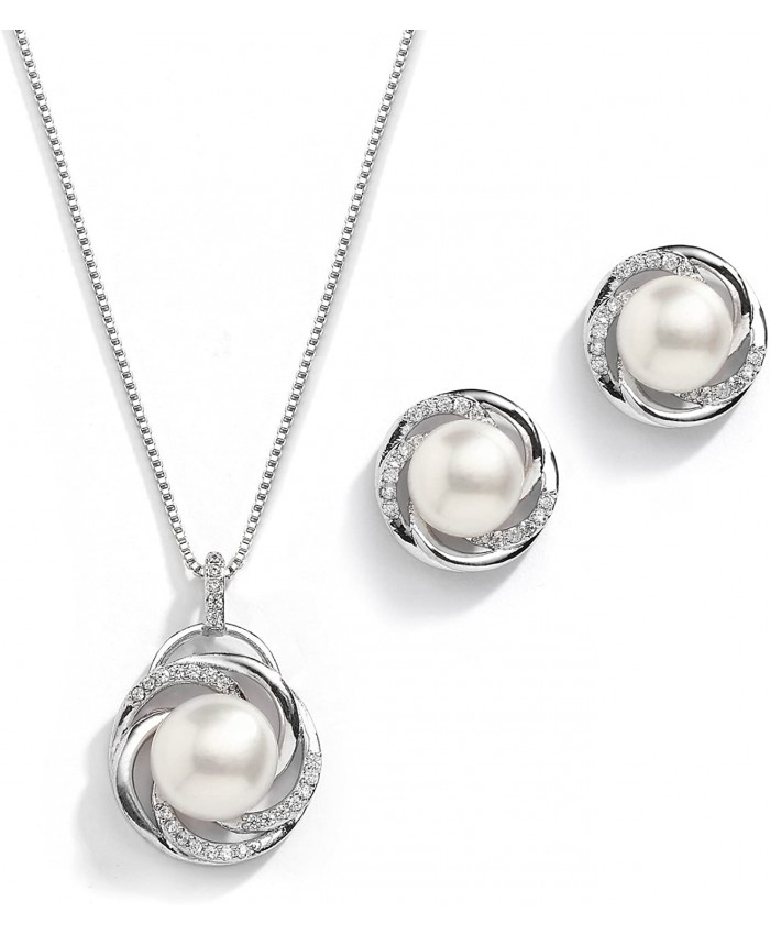 Mariell CZ and Freshwater Pearl Button Wedding Necklace and Earrings Jewelry Set for Bridesmaids & Brides